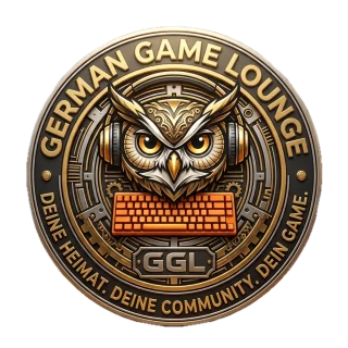 Wappen der German Game Lounge: eine Eule mit Headset über einer Tastatur, darunter „Deine Heimat. Deine Community. Dein Game.“