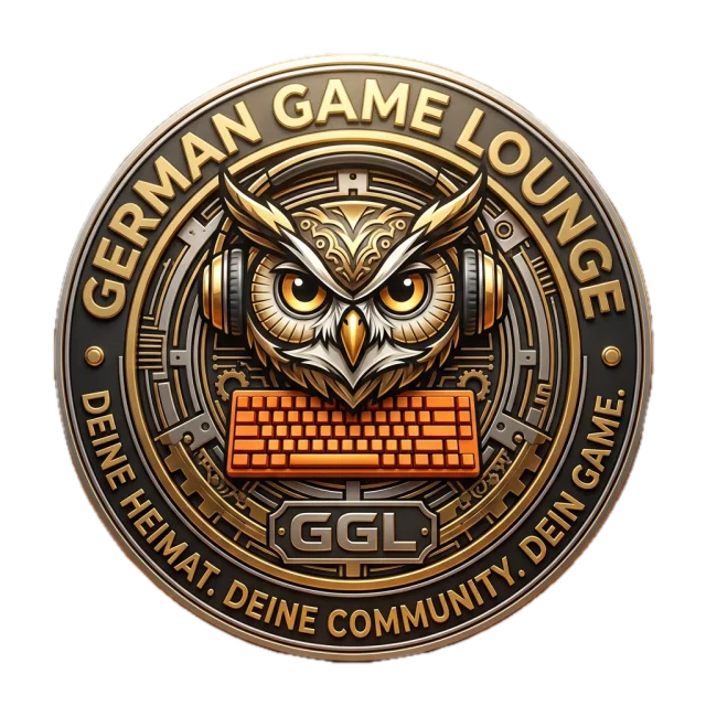 Wappen der German Game Lounge: eine Eule mit Headset über einer Tastatur, darunter „Deine Heimat. Deine Community. Dein Game.“